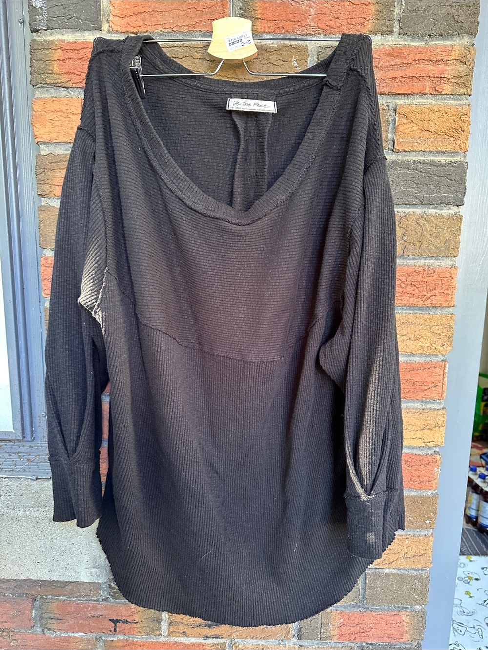Free People Black Waffle-Knit Slouchy V-Neck Pullover